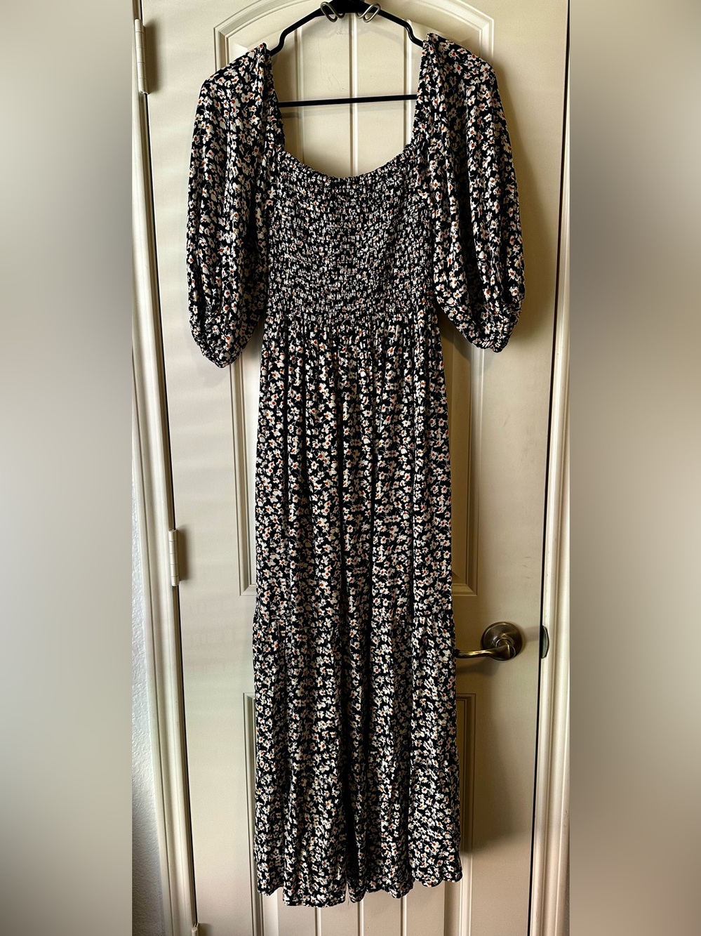 By Together Navy Blue/White Floral Puff-Sleeve Lace Up Back Maxi Dress size S